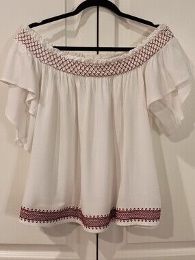 Blue Rain White Off-Shoulder Blouse with Burgundy Trim